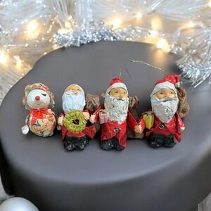 4 Vintage 6" Paper Mache Christmas Ornament's 3 Santa's & 1 Mouse